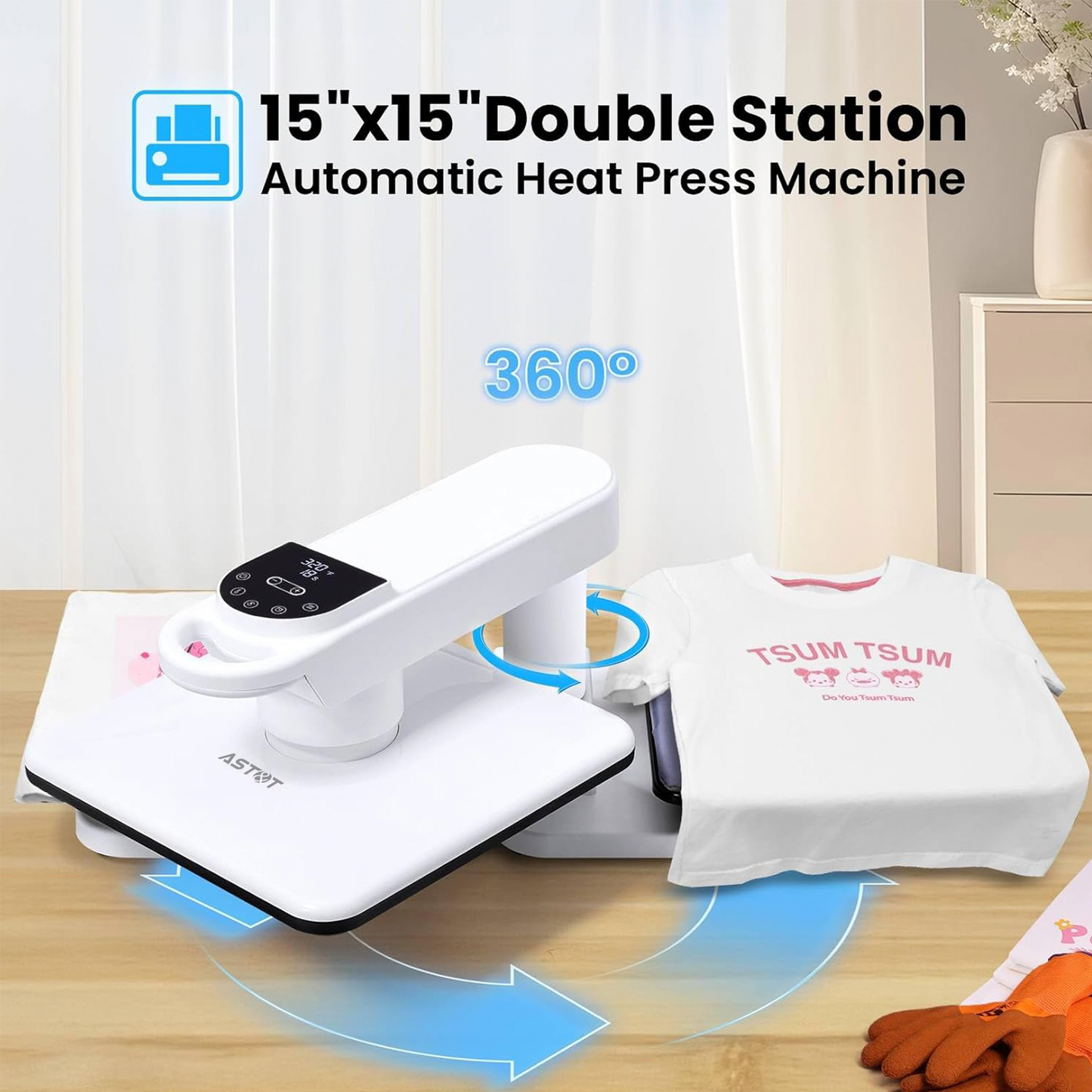 AP8-D Commercial Dual Station Automatic Heat Press | 15x15 Inch, 360° Swivel with Smart Pressure Control & Auto Release
